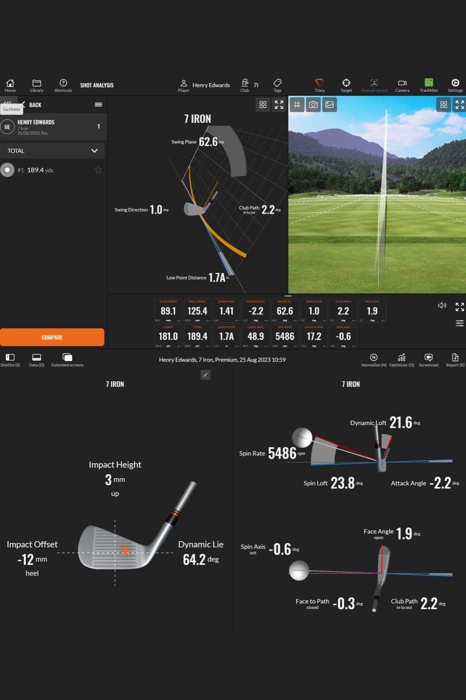 TrackMan shot data on screen: club path, face angle, spin and impact location for a 7 iron